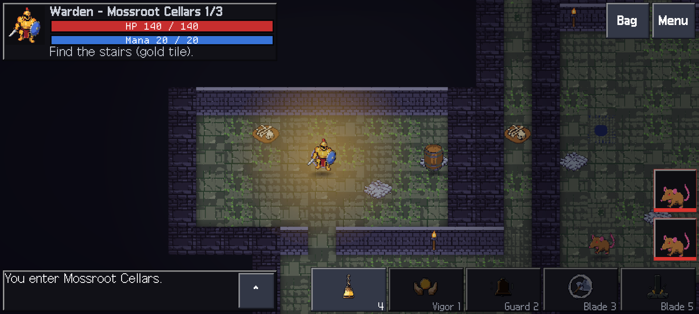 Hollowdeep in landscape, a warrior in a torch-lit mossy cellar with health and mana bars, two rats at the right edge and the skill bar along the bottom