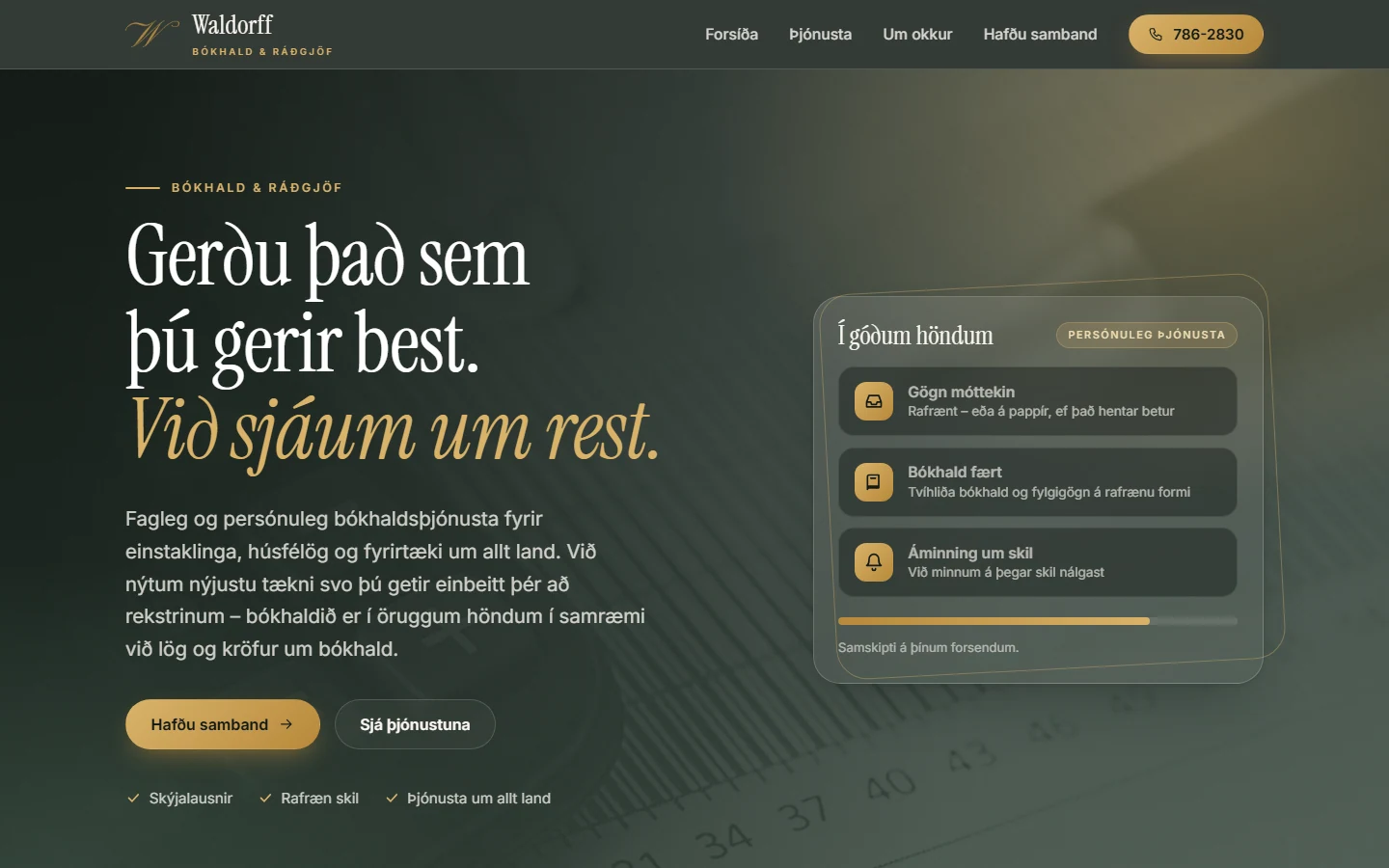 Waldorff home page in Icelandic, a dark green hero with a white and gold headline, a call button and a card showing the bookkeeping workflow