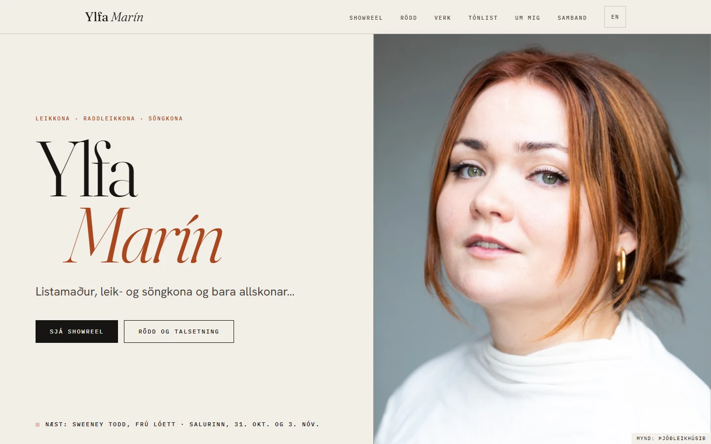 ylfamarin.is home page after the redesign, with the name Ylfa Marín in large serif type beside a portrait, her three roles above it, two buttons and a line naming her next production